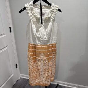 CeCe Cream and Tan Ruffle-Neck Midi Dress